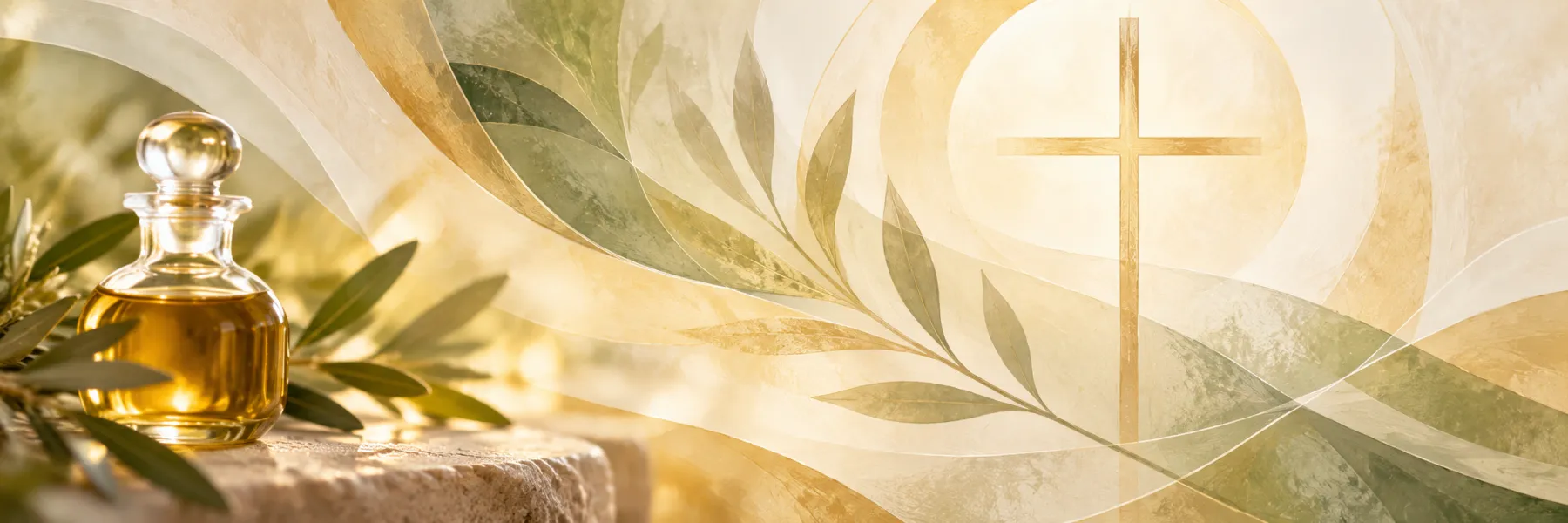 Illustration of a glass vessel of holy oil beside olive branches, with a gold cross