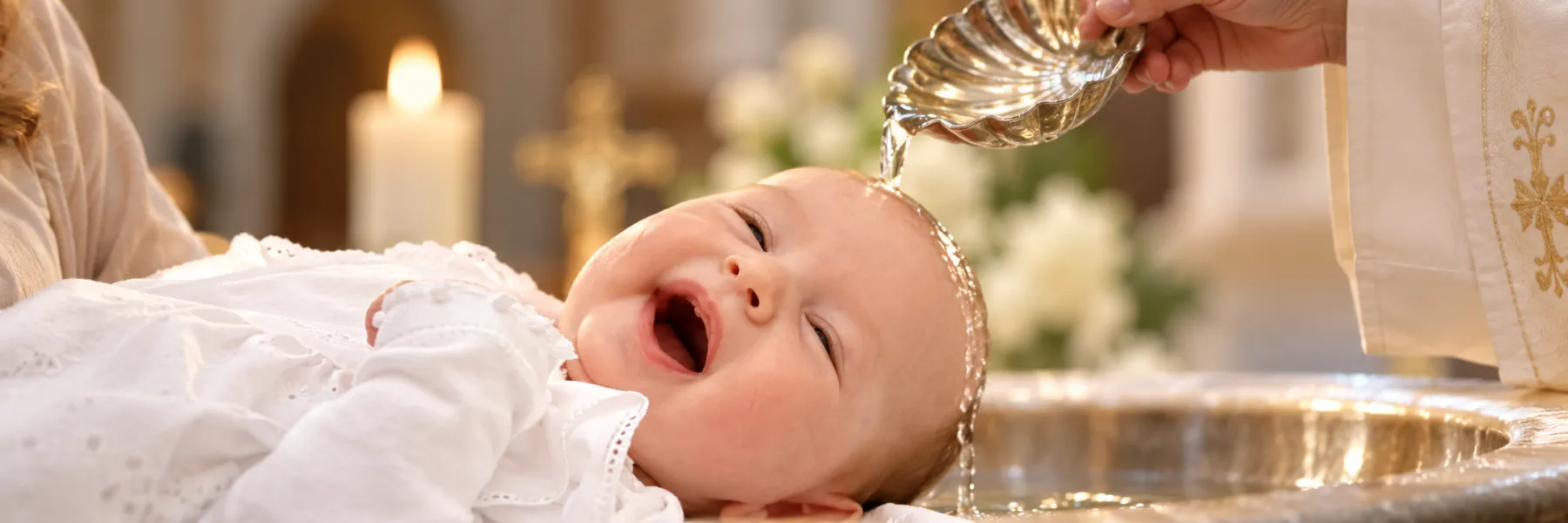 A smiling baby being baptised with water poured from a silver shell over the font