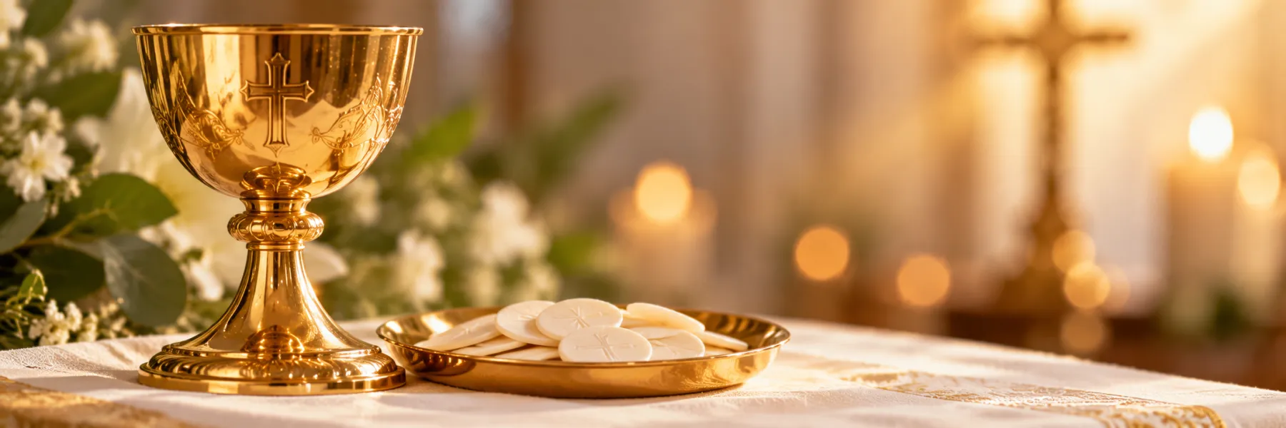 A gold chalice and a paten of hosts on the altar