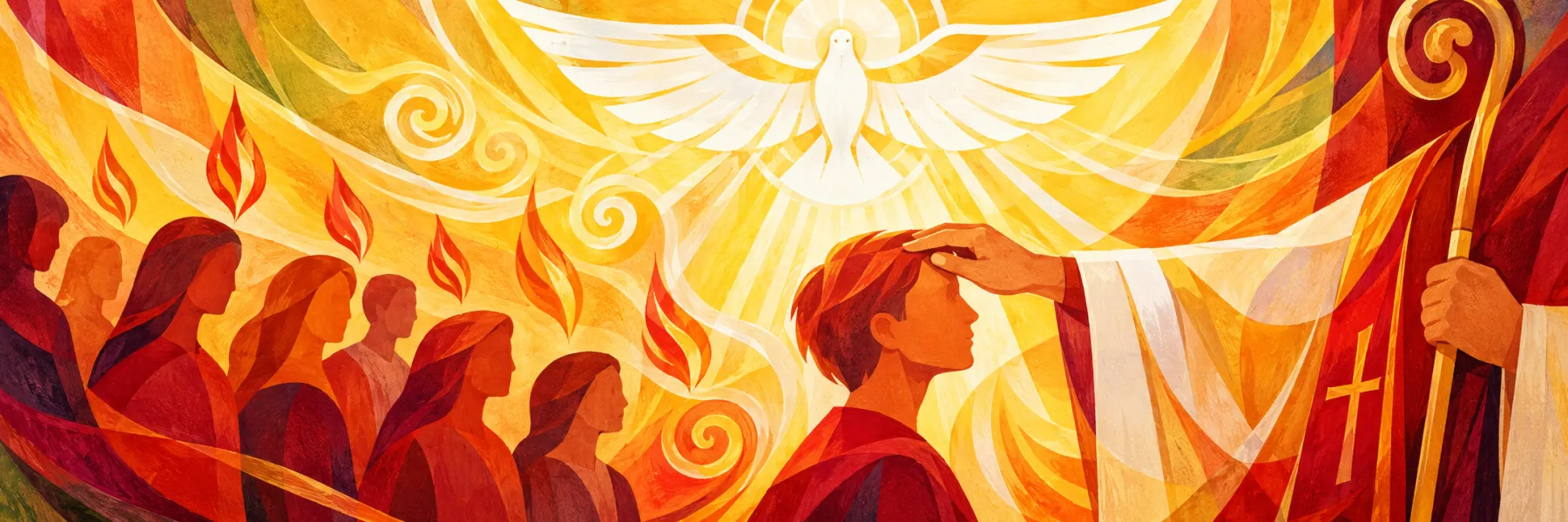 Illustration of a bishop laying his hand on a young person's head beneath the dove of the Holy Spirit and tongues of flame