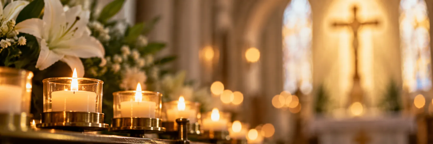 Lit candles and white lilies before the altar and crucifix
