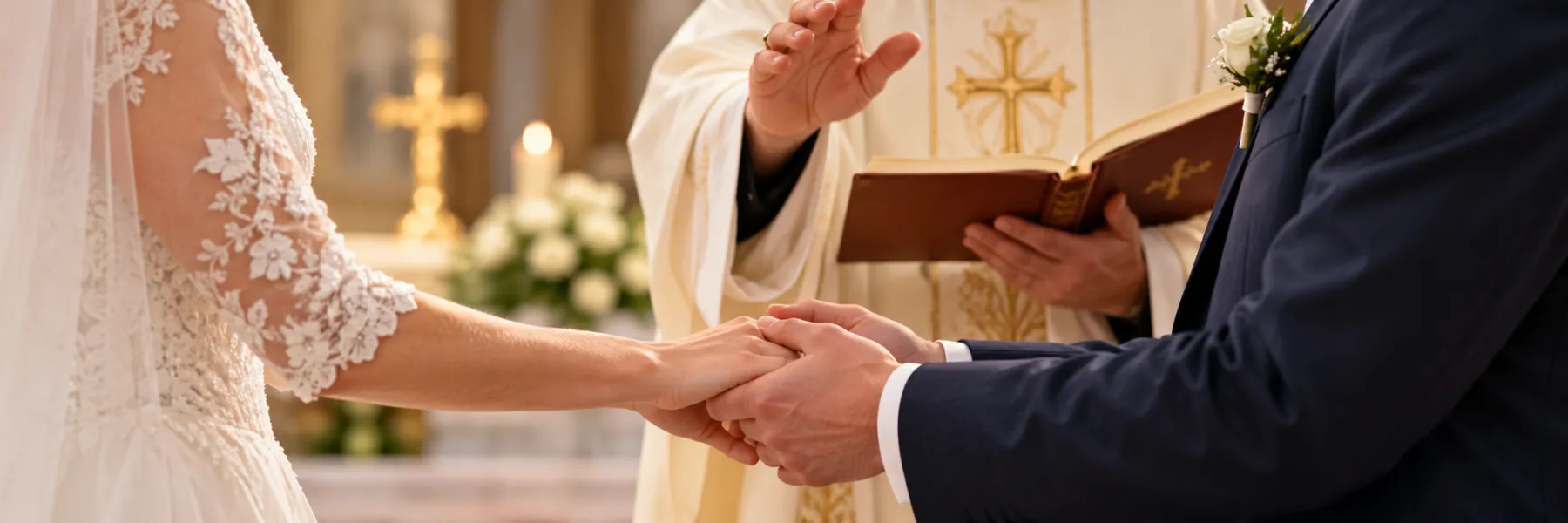 A bride and groom joining hands before the priest at the altar